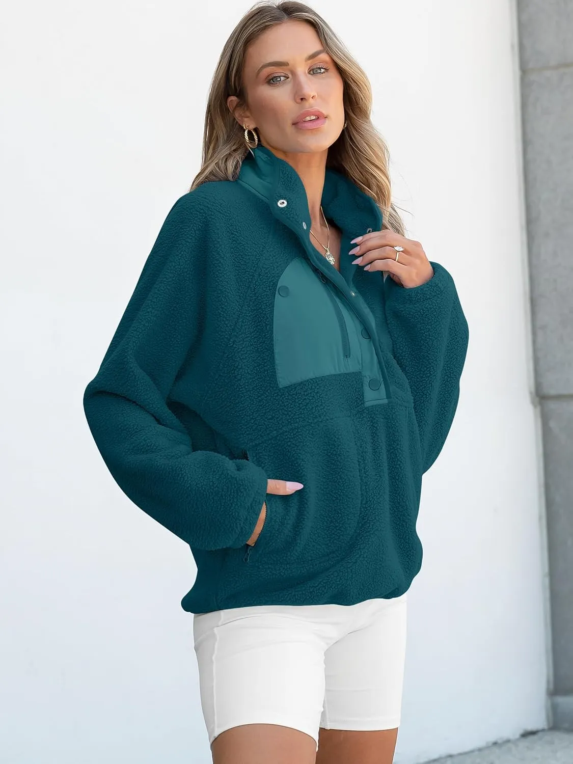 ANRABESS Women Fleece Sherpa Pullover Sweatshirt Cropped Loose Fuzzy Jacket Soft Button Down Winter Outerwear with Pockets