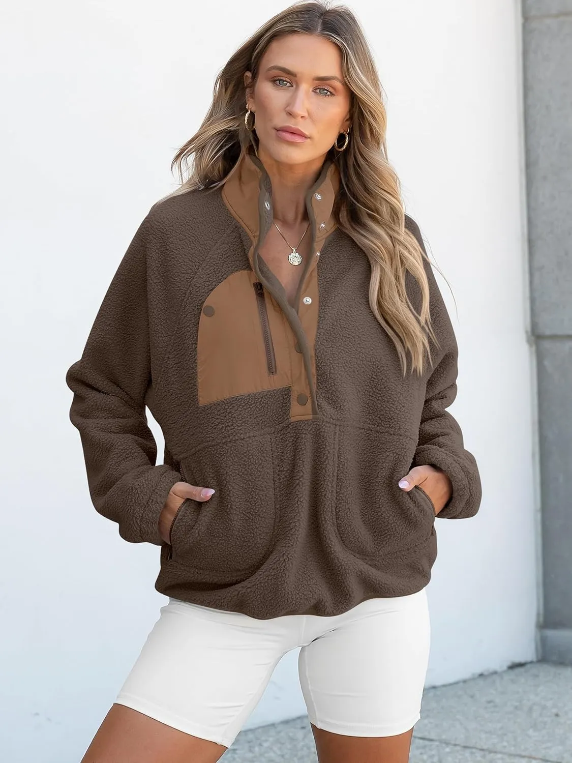 ANRABESS Women Fleece Sherpa Pullover Sweatshirt Cropped Loose Fuzzy Jacket Soft Button Down Winter Outerwear with Pockets