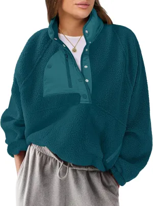 ANRABESS Women Fleece Sherpa Pullover Sweatshirt Cropped Loose Fuzzy Jacket Soft Button Down Winter Outerwear with Pockets