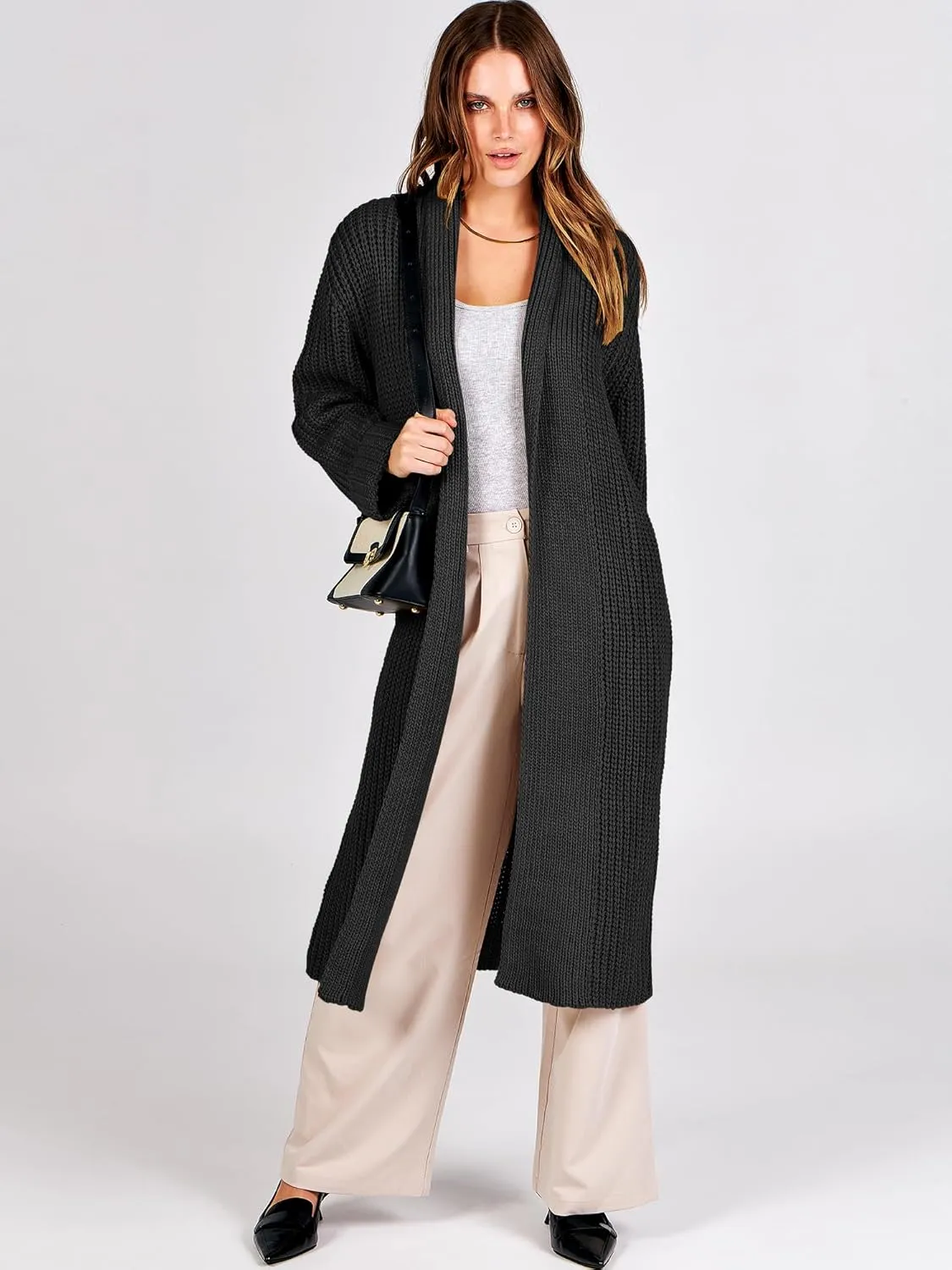 ANRABESS Women Knit Long Cardigan Long Sleeve Open Front Lapel Oversized Sweater Coat 2025 Fall Duster Outerwear Clothes