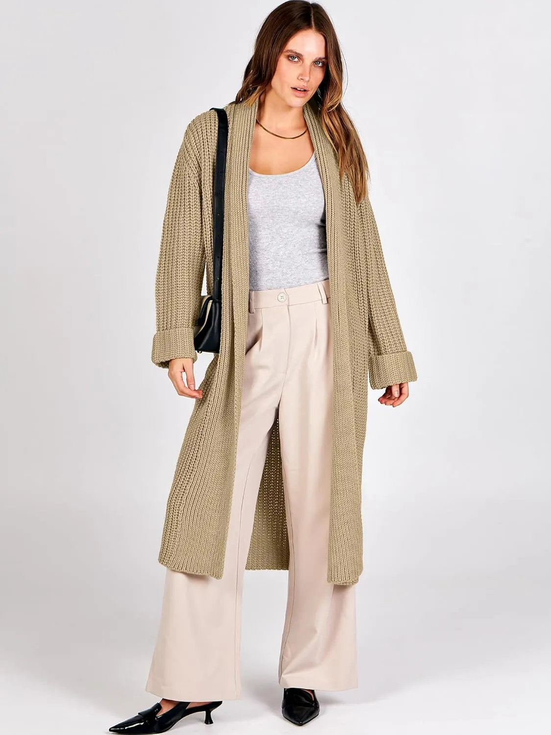 ANRABESS Women Knit Long Cardigan Long Sleeve Open Front Lapel Oversized Sweater Coat 2025 Fall Duster Outerwear Clothes