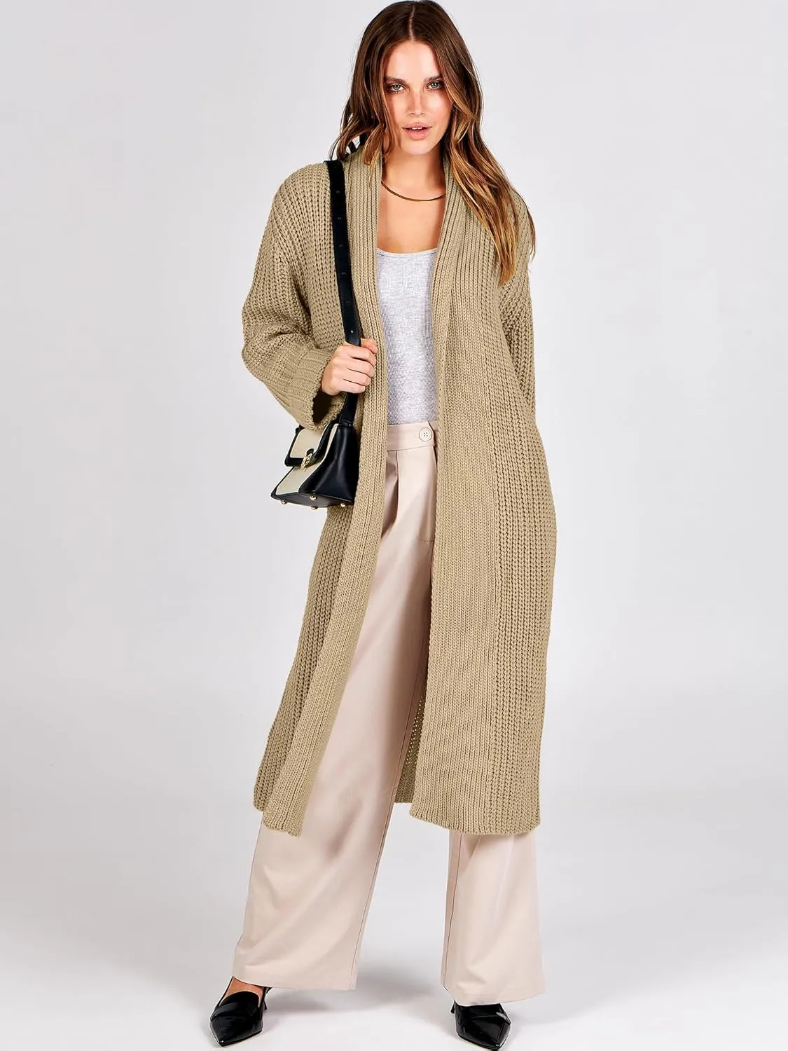 ANRABESS Women Knit Long Cardigan Long Sleeve Open Front Lapel Oversized Sweater Coat 2025 Fall Duster Outerwear Clothes
