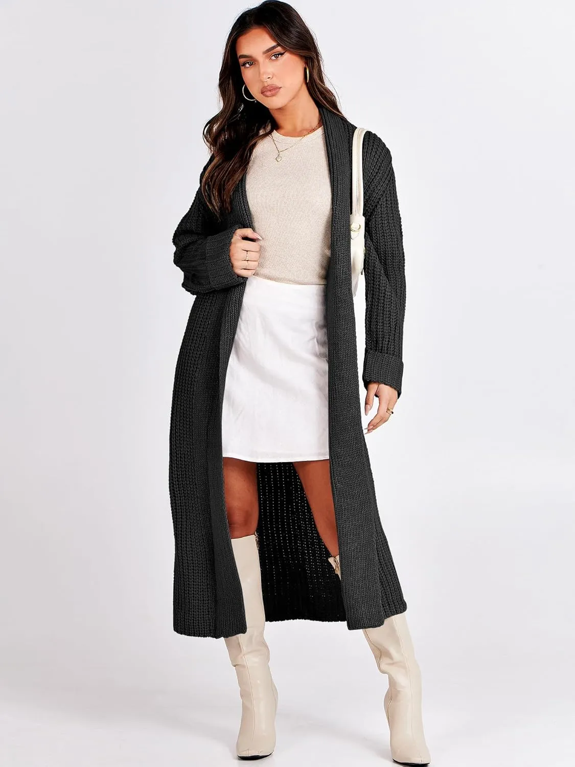 ANRABESS Women Knit Long Cardigan Long Sleeve Open Front Lapel Oversized Sweater Coat 2025 Fall Duster Outerwear Clothes