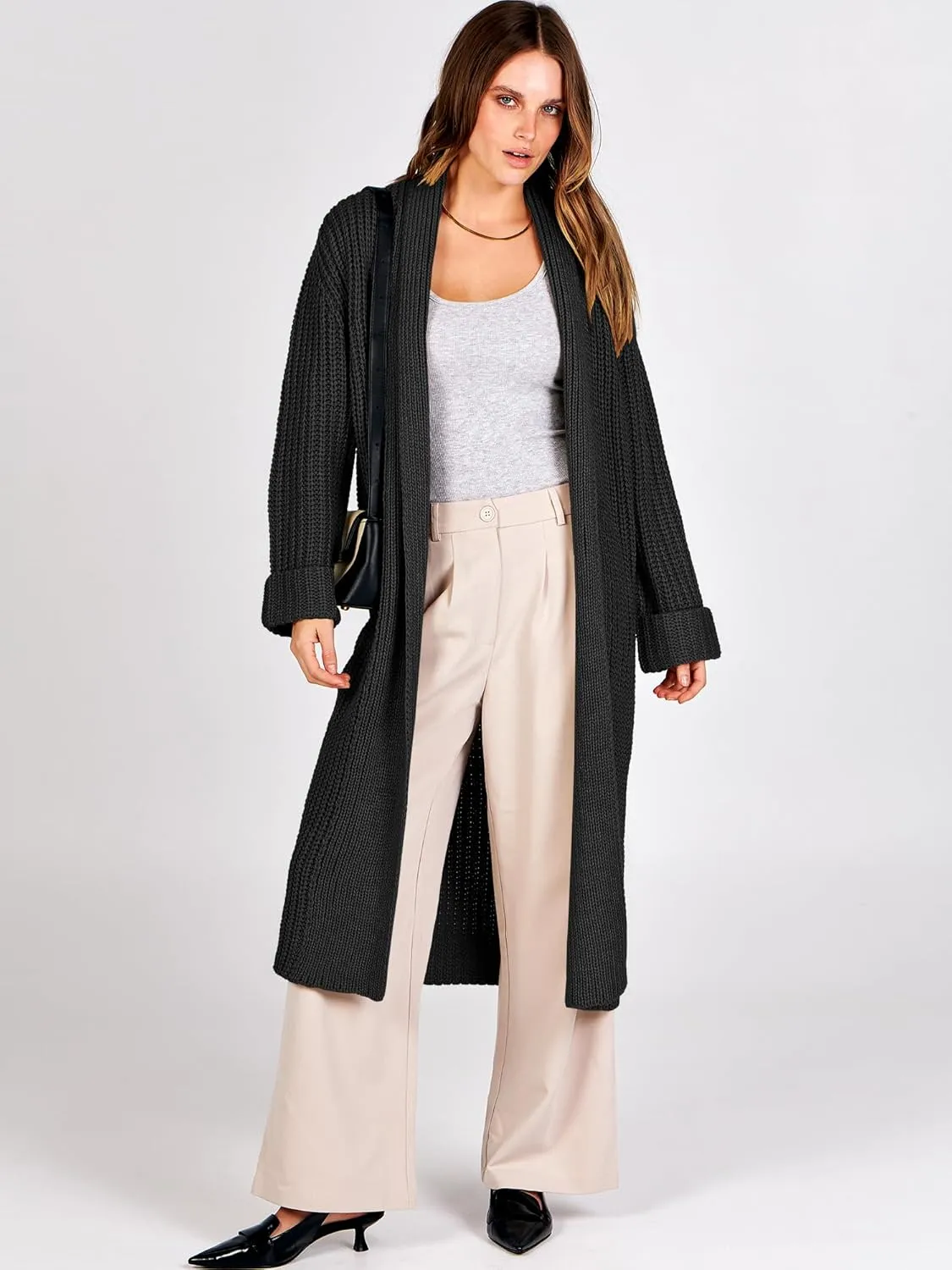 ANRABESS Women Knit Long Cardigan Long Sleeve Open Front Lapel Oversized Sweater Coat 2025 Fall Duster Outerwear Clothes