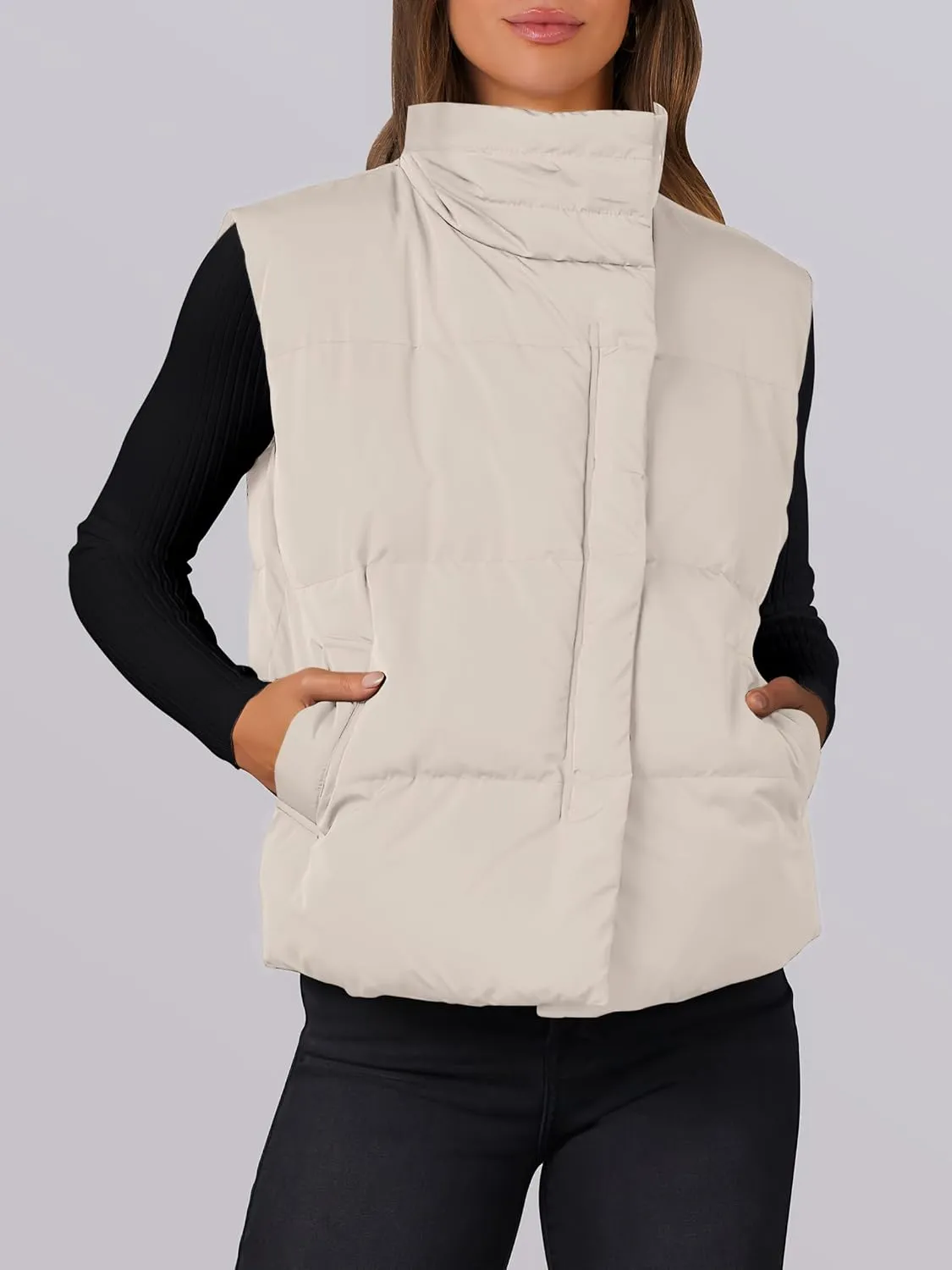 ANRABESS Women Puffer Vest Sleeveless Zip Up Stand Collar Quilted Lightweight Jacket Winter Warm Puffer Padded Down Outerwear