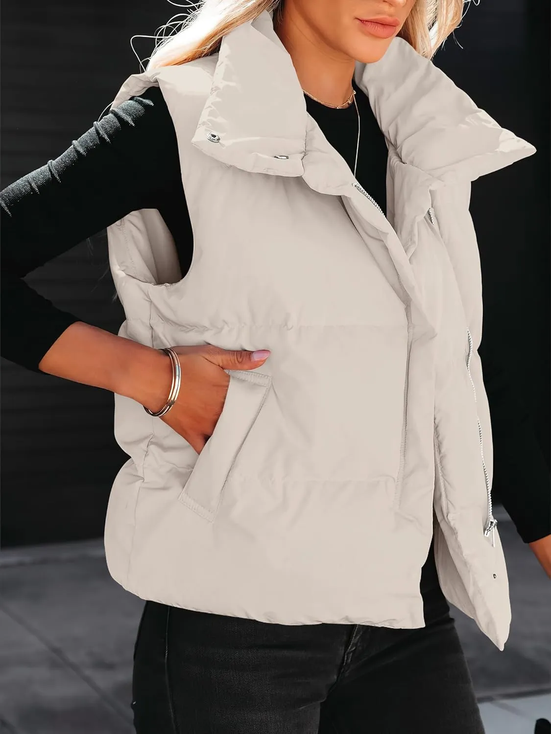 ANRABESS Women Puffer Vest Sleeveless Zip Up Stand Collar Quilted Lightweight Jacket Winter Warm Puffer Padded Down Outerwear