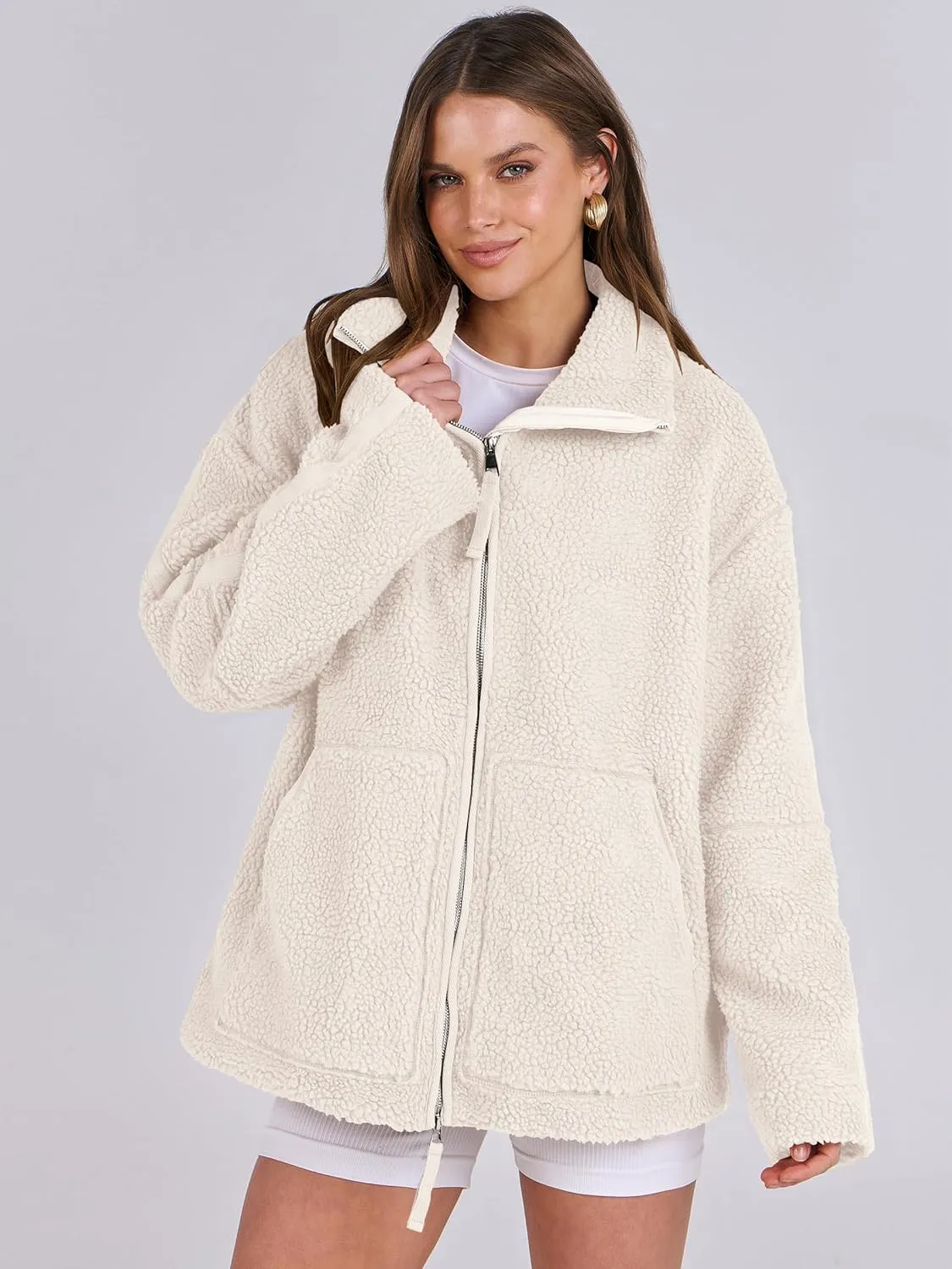 ANRABESS Womens Fleece Jacket Oversized Zip Up Sherpa Fuzzy Casual Coats Winter Fall Outerwear 2024 Clothes with Pockets