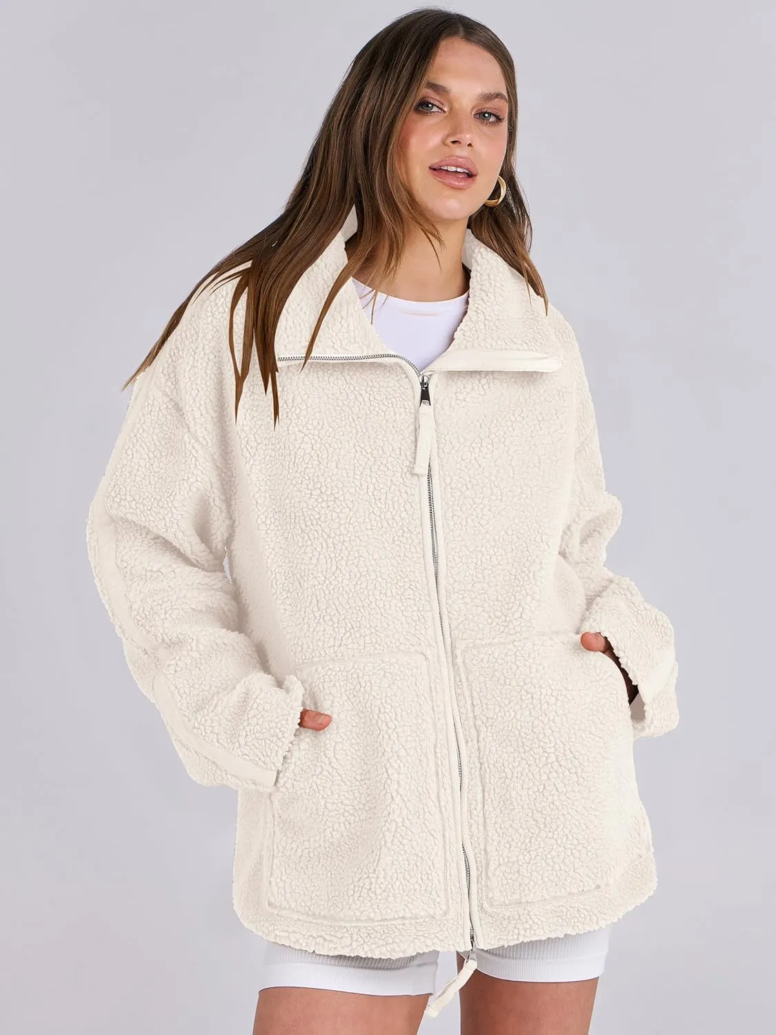 ANRABESS Womens Fleece Jacket Oversized Zip Up Sherpa Fuzzy Casual Coats Winter Fall Outerwear 2024 Clothes with Pockets