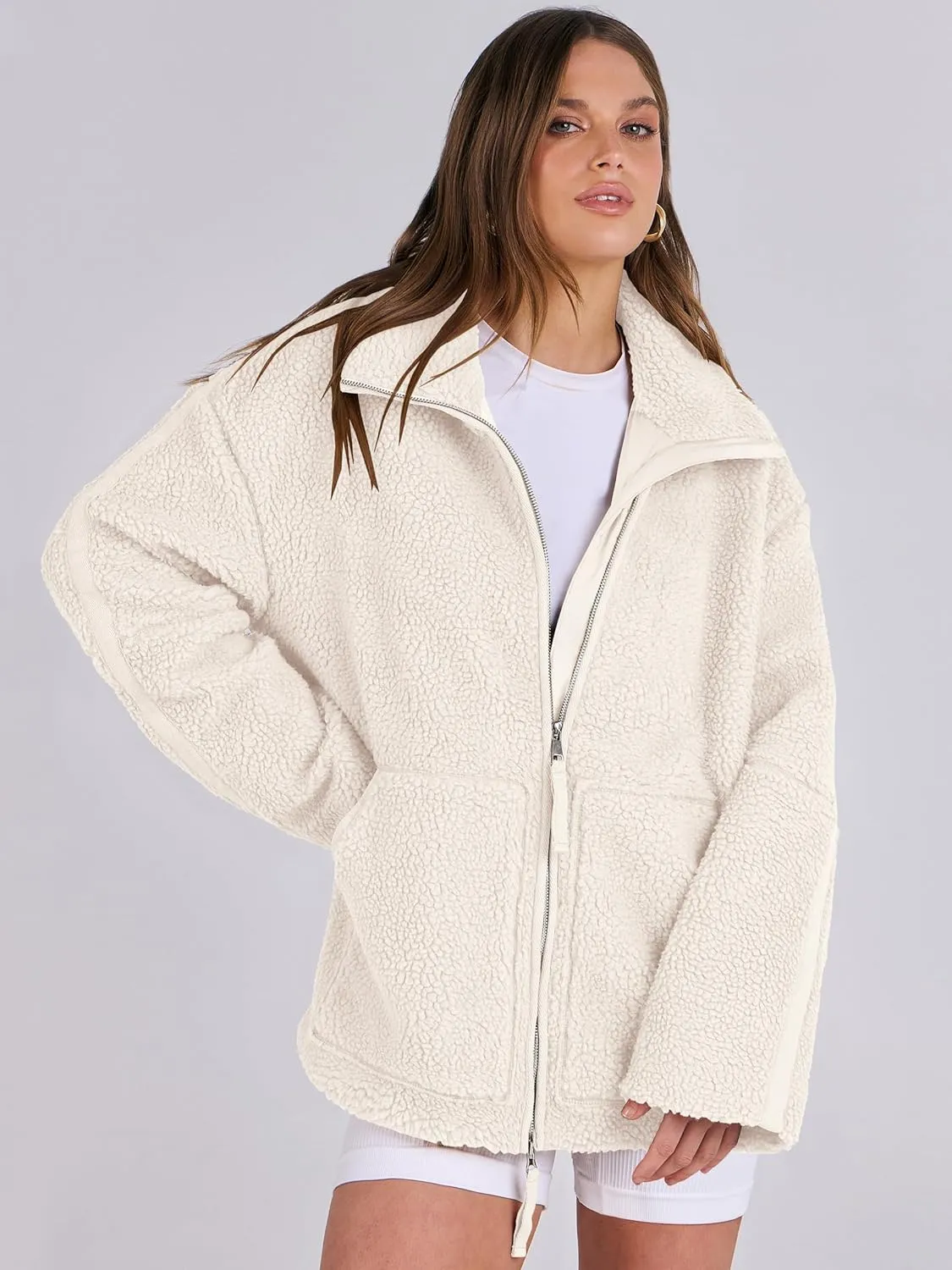 ANRABESS Womens Fleece Jacket Oversized Zip Up Sherpa Fuzzy Casual Coats Winter Fall Outerwear 2024 Clothes with Pockets