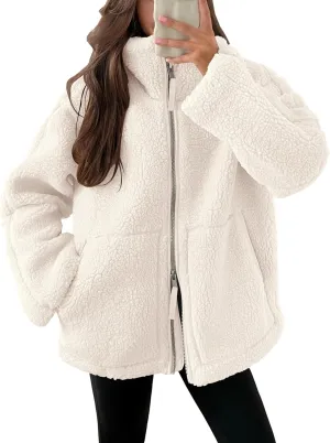 ANRABESS Womens Fleece Jacket Oversized Zip Up Sherpa Fuzzy Casual Coats Winter Fall Outerwear 2024 Clothes with Pockets
