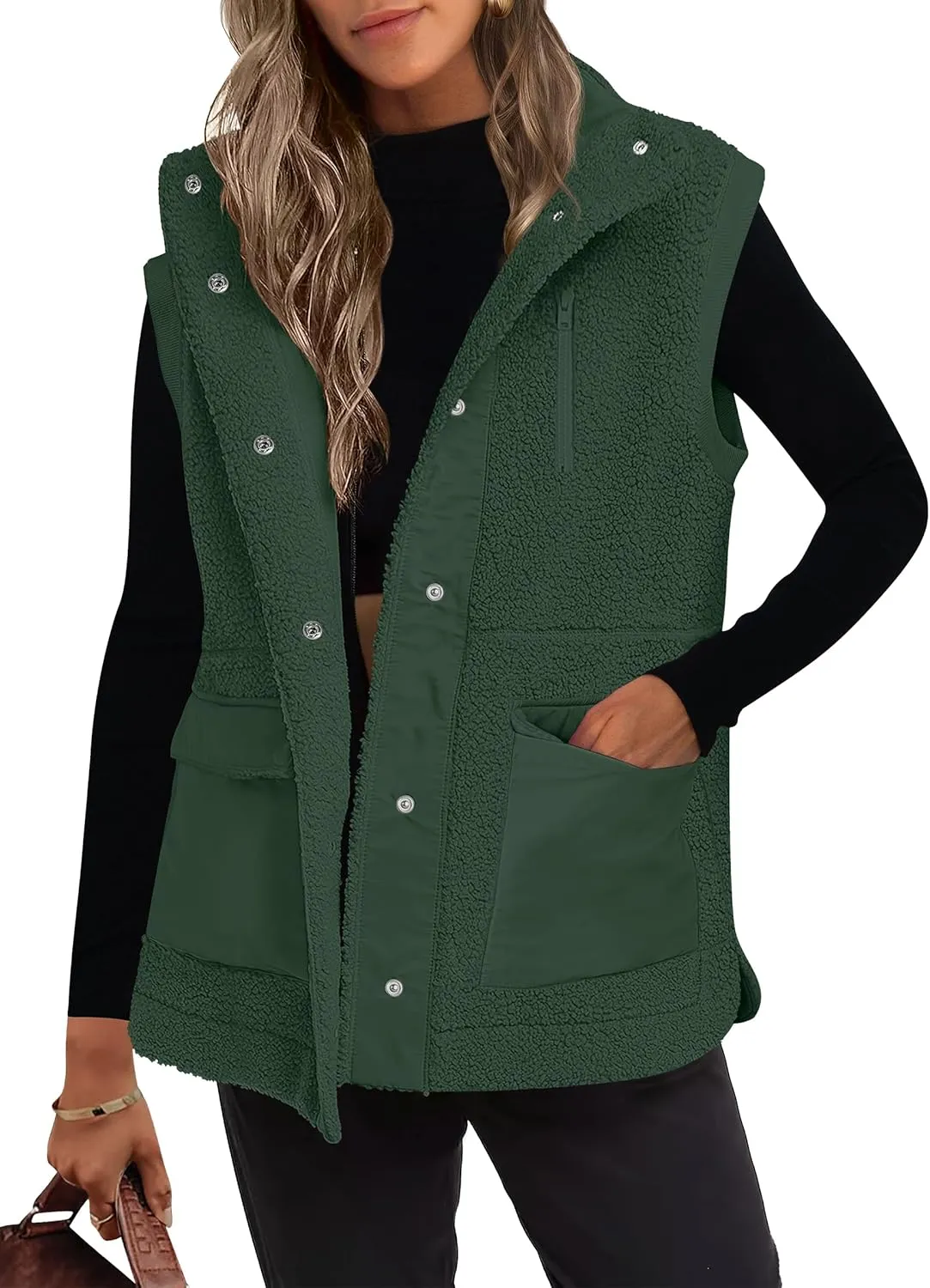 ANRABESS Womens Fuzzy Fleece Vest Sleeveless Casual Warm Button Down Sherpa Jackets Outerwear With Pockets Winter Fashion