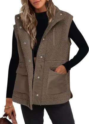 ANRABESS Womens Fuzzy Fleece Vest Sleeveless Casual Warm Button Down Sherpa Jackets Outerwear With Pockets Winter Fashion