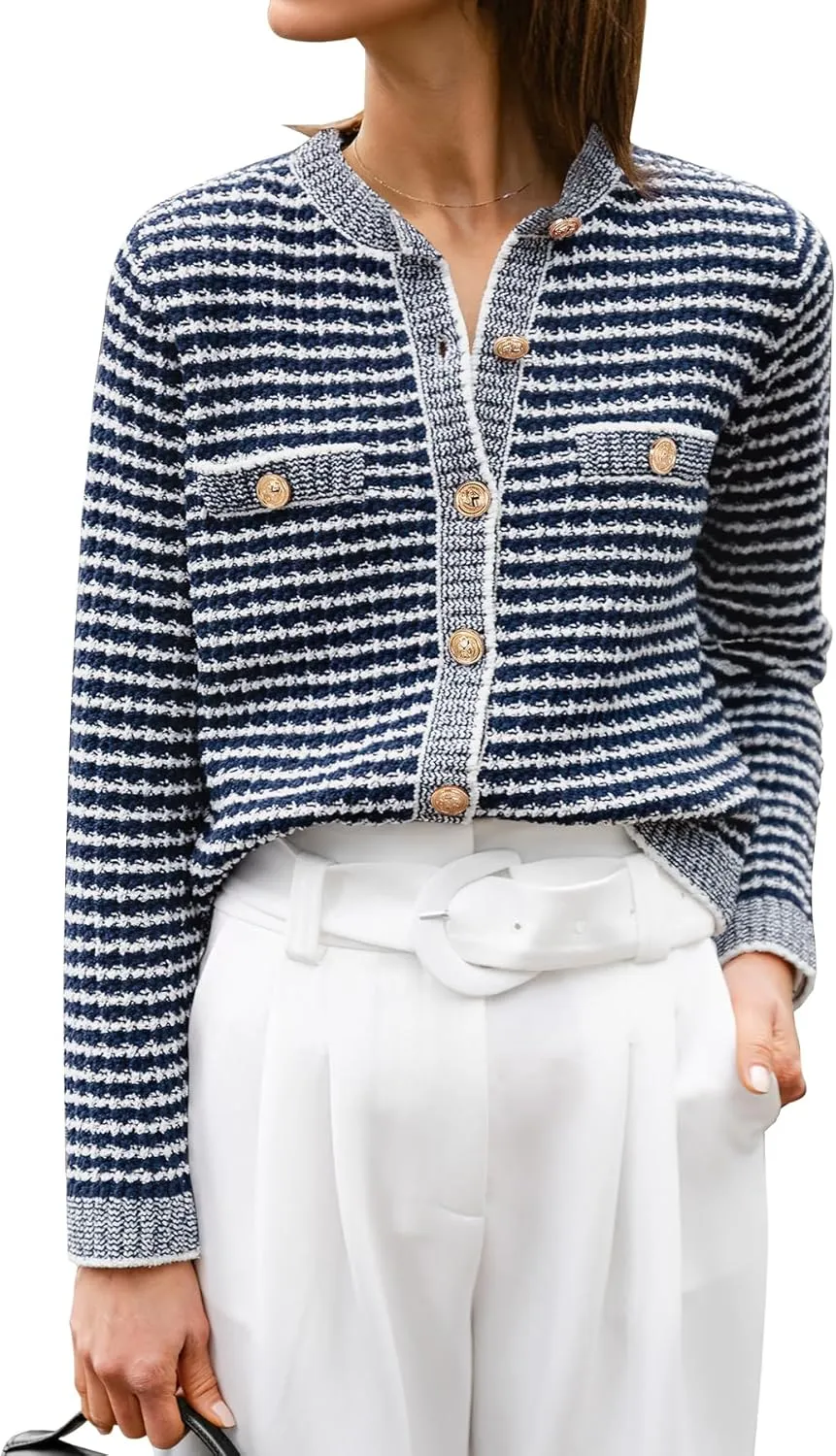 ANRABESS Women's Striped Cardigan Sweaters Casual Long Sleeve Open Front Button Down Knit Cropped Jackets Fall Coat Outerwear