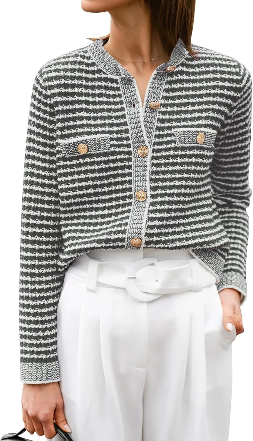 ANRABESS Women's Striped Cardigan Sweaters Casual Long Sleeve Open Front Button Down Knit Cropped Jackets Fall Coat Outerwear