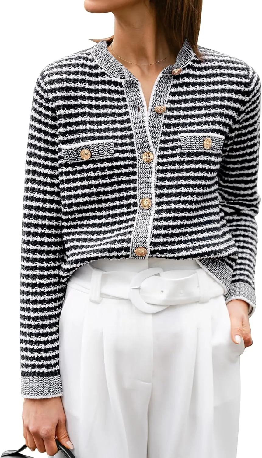 ANRABESS Women's Striped Cardigan Sweaters Casual Long Sleeve Open Front Button Down Knit Cropped Jackets Fall Coat Outerwear