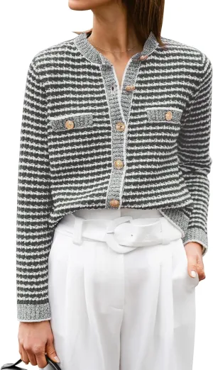 ANRABESS Women's Striped Cardigan Sweaters Casual Long Sleeve Open Front Button Down Knit Cropped Jackets Fall Coat Outerwear