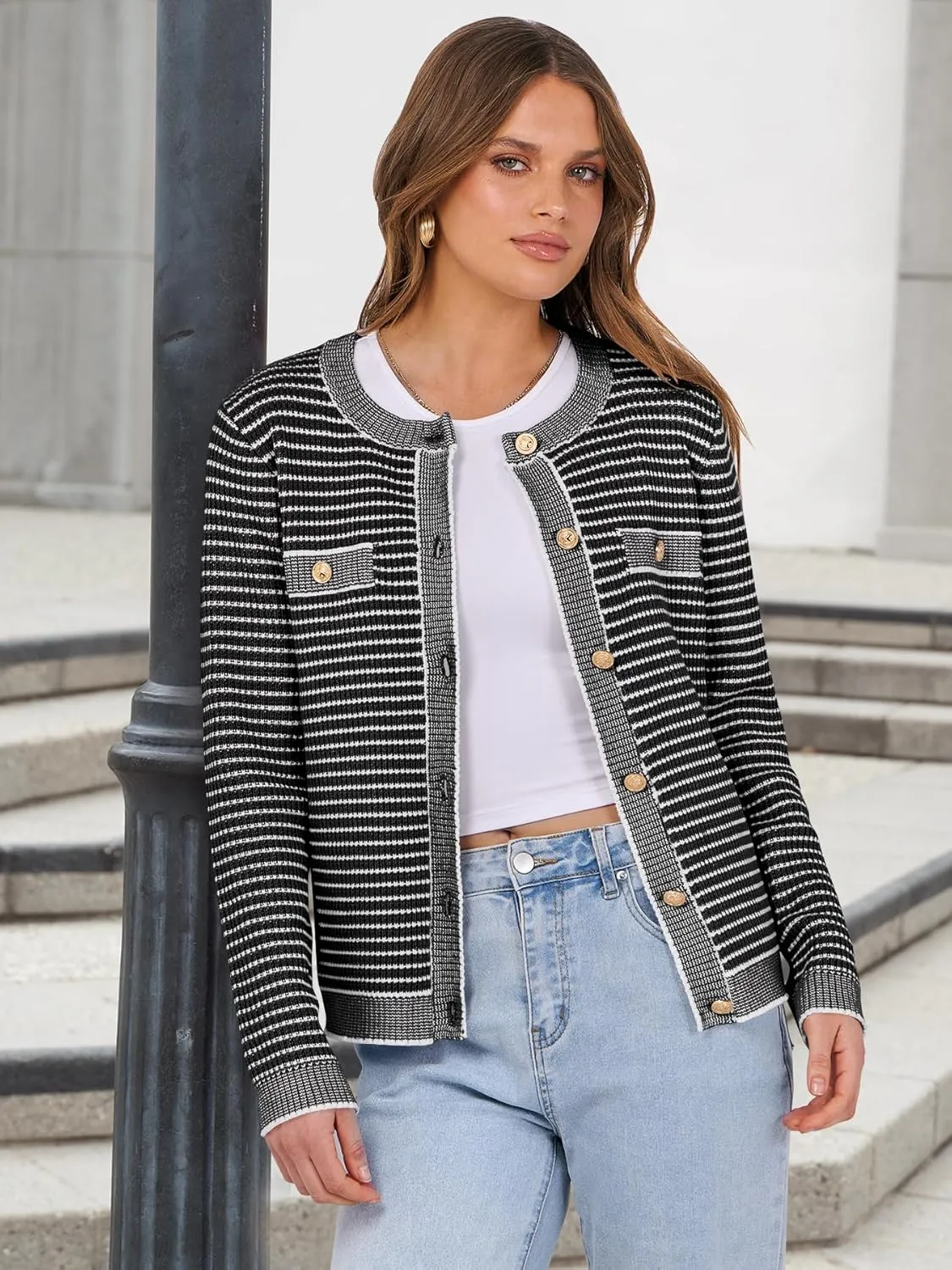 ANRABESS Women's Striped Cardigan Sweaters Casual Long Sleeve Open Front Button Down Knit Cropped Jackets Fall Coat Outerwear