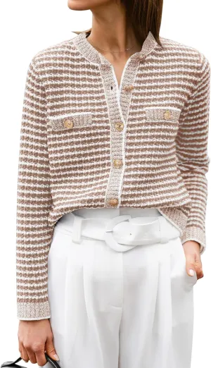 ANRABESS Women's Striped Cardigan Sweaters Casual Long Sleeve Open Front Button Down Knit Cropped Jackets Fall Coat Outerwear