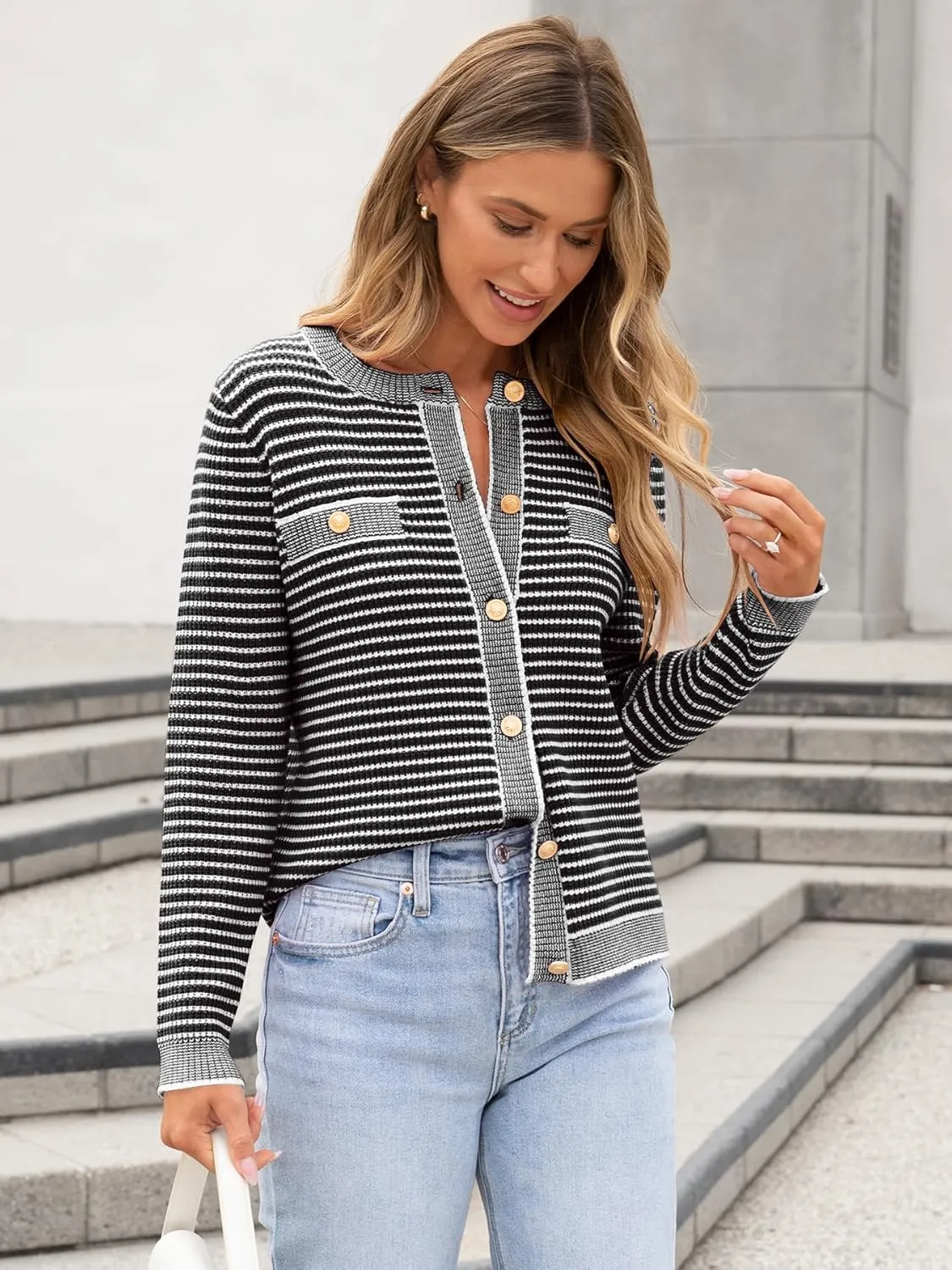 ANRABESS Women's Striped Cardigan Sweaters Casual Long Sleeve Open Front Button Down Knit Cropped Jackets Fall Coat Outerwear