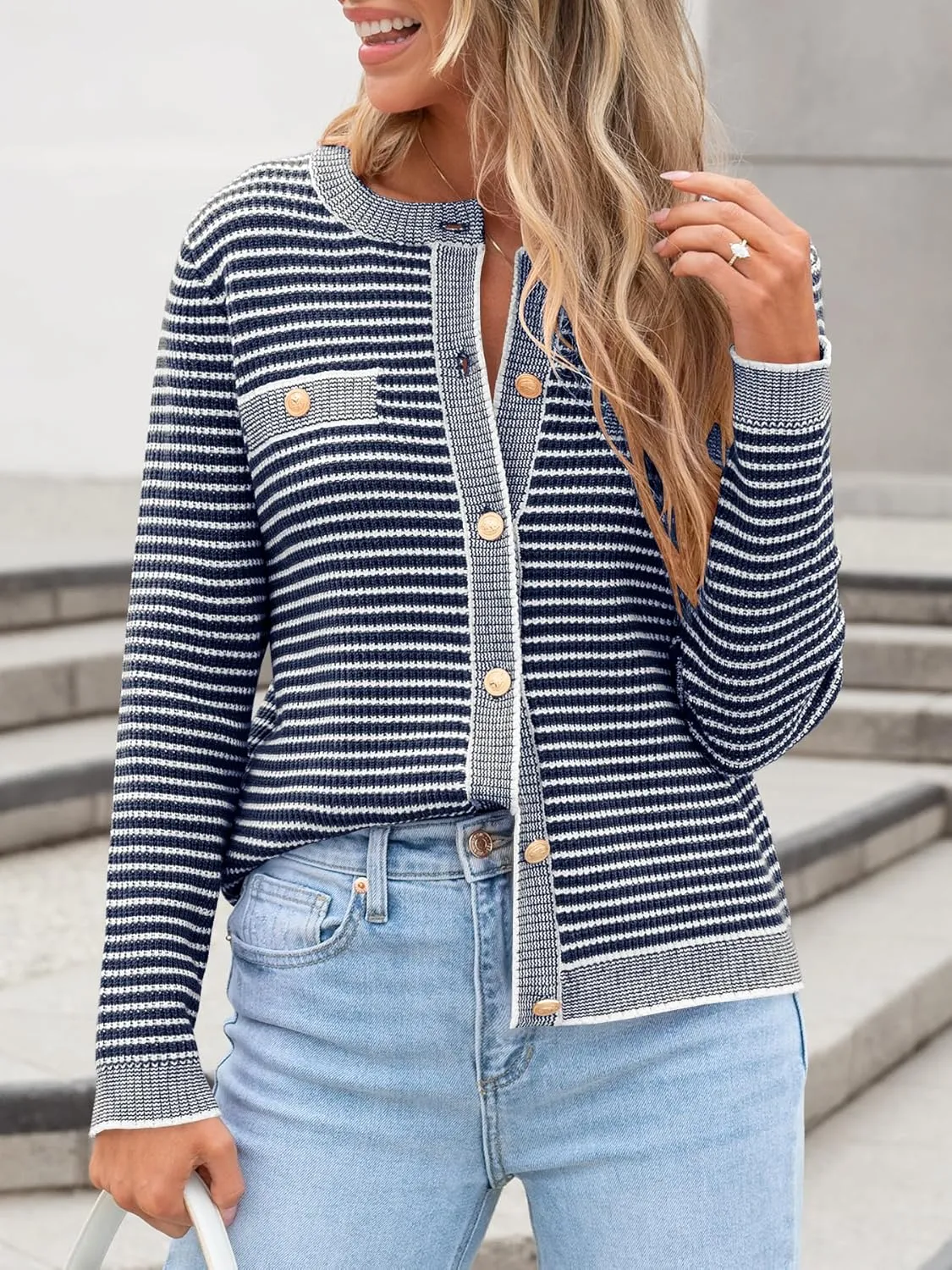 ANRABESS Women's Striped Cardigan Sweaters Casual Long Sleeve Open Front Button Down Knit Cropped Jackets Fall Coat Outerwear
