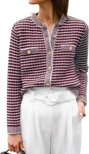 ANRABESS Women's Striped Cardigan Sweaters Casual Long Sleeve Open Front Button Down Knit Cropped Jackets Fall Coat Outerwear