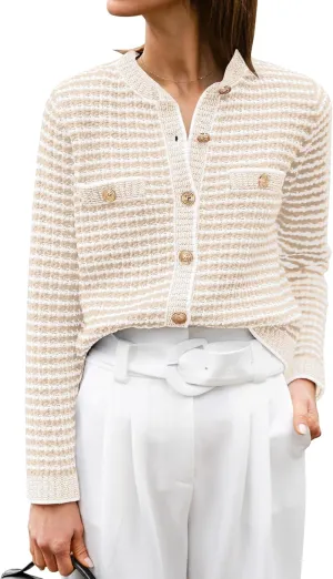 ANRABESS Women's Striped Cardigan Sweaters Casual Long Sleeve Open Front Button Down Knit Cropped Jackets Fall Coat Outerwear