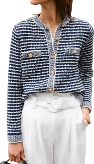 ANRABESS Women's Striped Cardigan Sweaters Casual Long Sleeve Open Front Button Down Knit Cropped Jackets Fall Coat Outerwear