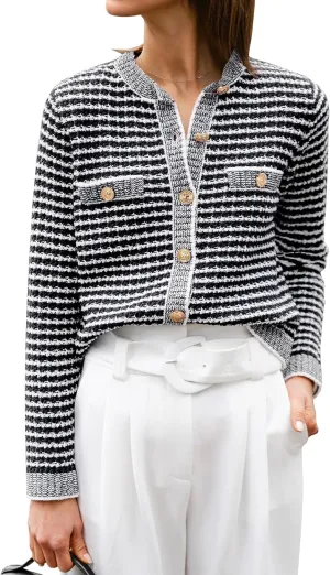 ANRABESS Women's Striped Cardigan Sweaters Casual Long Sleeve Open Front Button Down Knit Cropped Jackets Fall Coat Outerwear