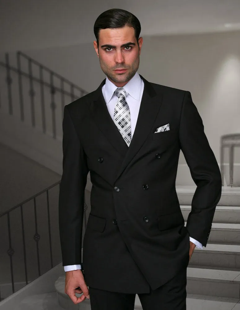APPLE GREEN SOLID COLOR SUIT. 3PC MODERN FIT FLAT FRONT PANTS WITH DOUBLE BREASTED VEST. SUPER 180'S ITALIAN WOOL | TZD-100-Black