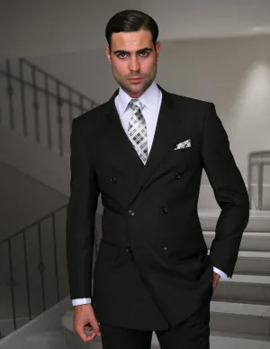 APPLE GREEN SOLID COLOR SUIT. 3PC MODERN FIT FLAT FRONT PANTS WITH DOUBLE BREASTED VEST. SUPER 180'S ITALIAN WOOL | TZD-100-Black