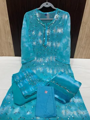 Aqua Blue Reflections Tie Dye 3-Piece Chikankari Mirror Set with Inner Delight