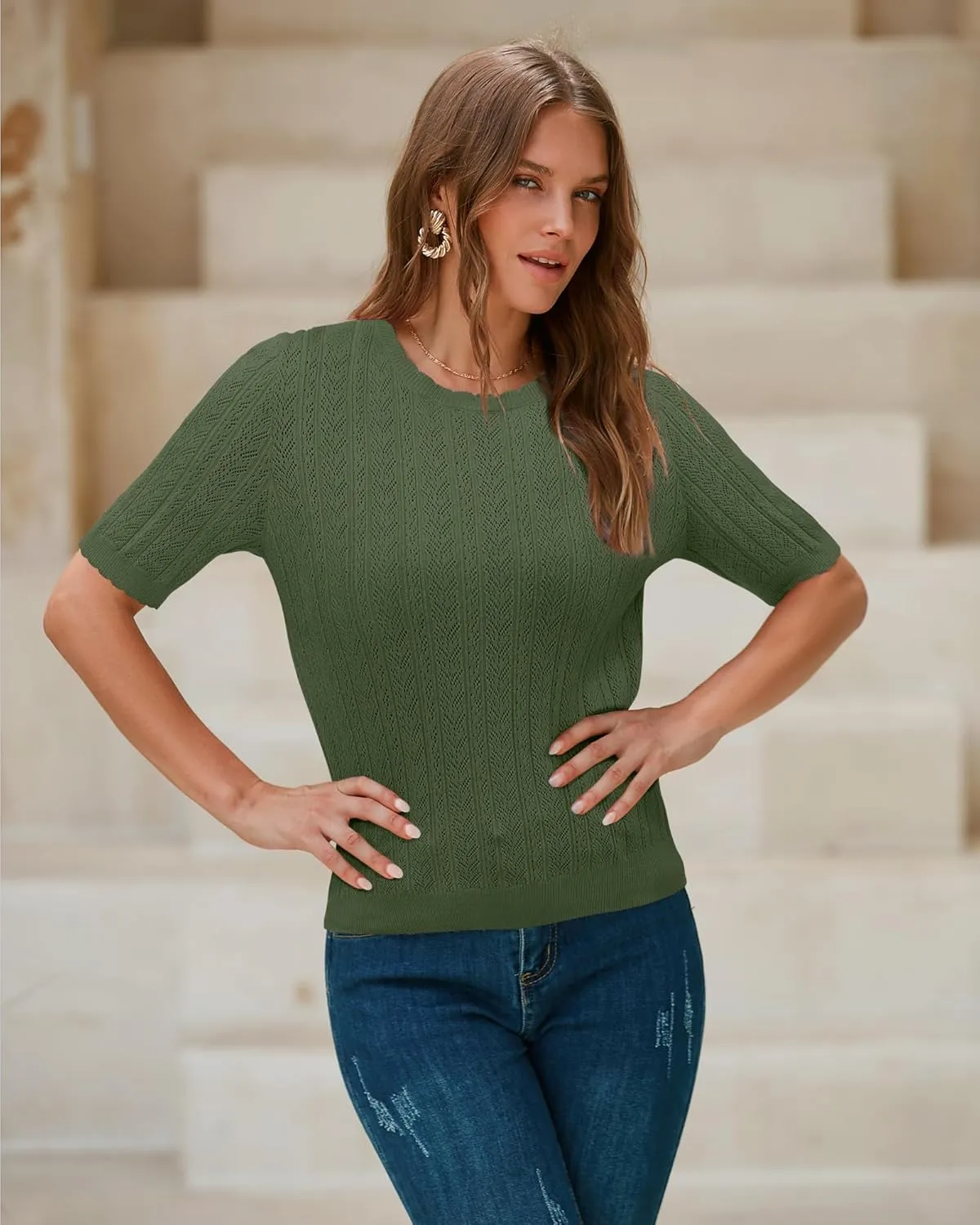 Arach&Cloz Womens Summer Sweater 2025 Spring Tops Short Sleeve Casual Blouses Crewneck Hollow Out Knit Pullover Shirt
