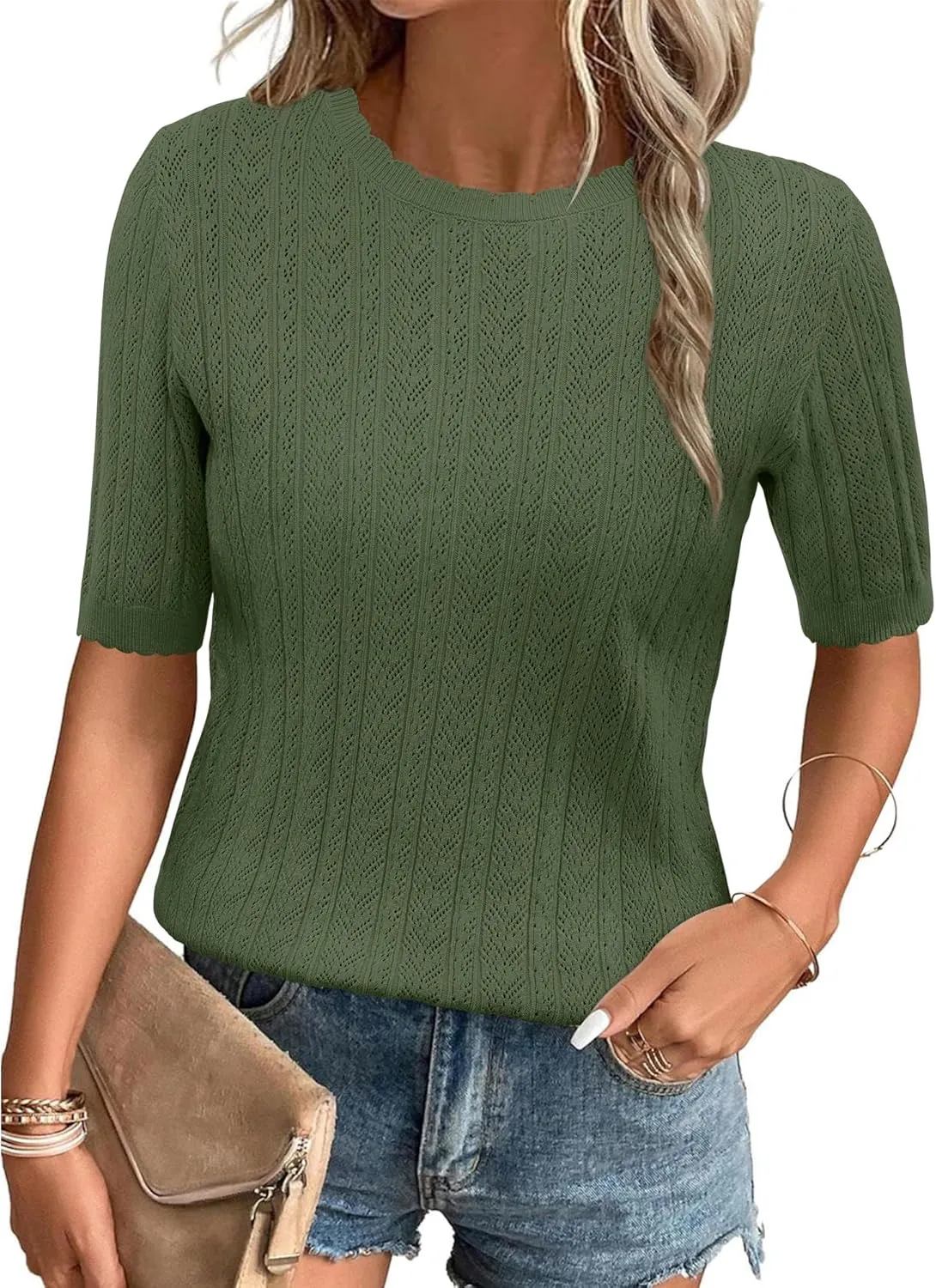 Arach&Cloz Womens Summer Sweater 2025 Spring Tops Short Sleeve Casual Blouses Crewneck Hollow Out Knit Pullover Shirt