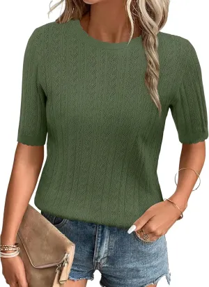 Arach&Cloz Womens Summer Sweater 2025 Spring Tops Short Sleeve Casual Blouses Crewneck Hollow Out Knit Pullover Shirt