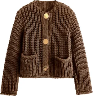 Arssm Womens Cropped Cardigan Sweaters Chunky Open Front Button Down Knit Sweater Long Sleeve Loose Cardigan Outerwear(Brown-L)