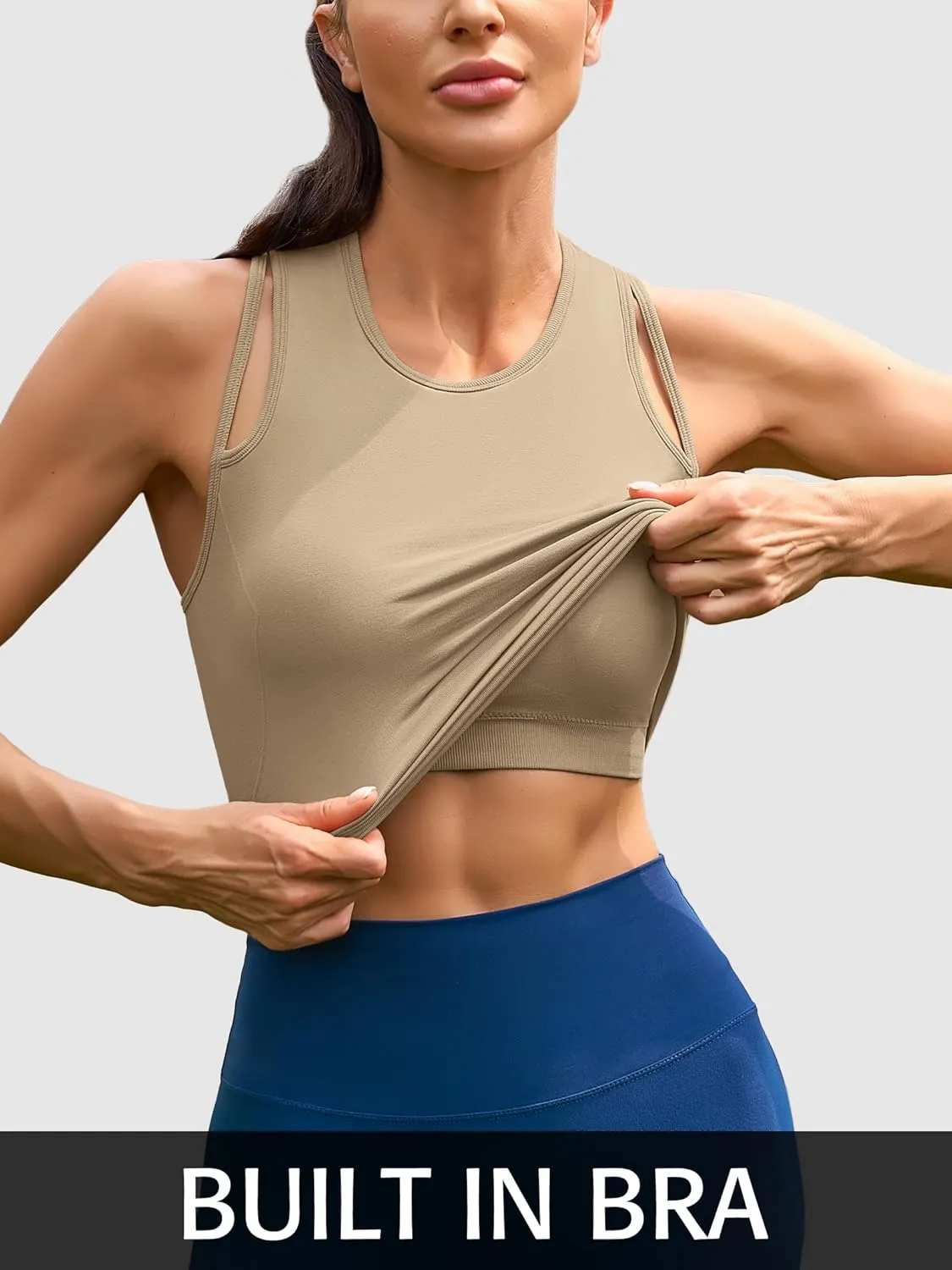 ATTRACO Cropped Workout Tops for Women Tight Side Ruched Tank Tops Built in Bra Athletic Yoga Gym Top