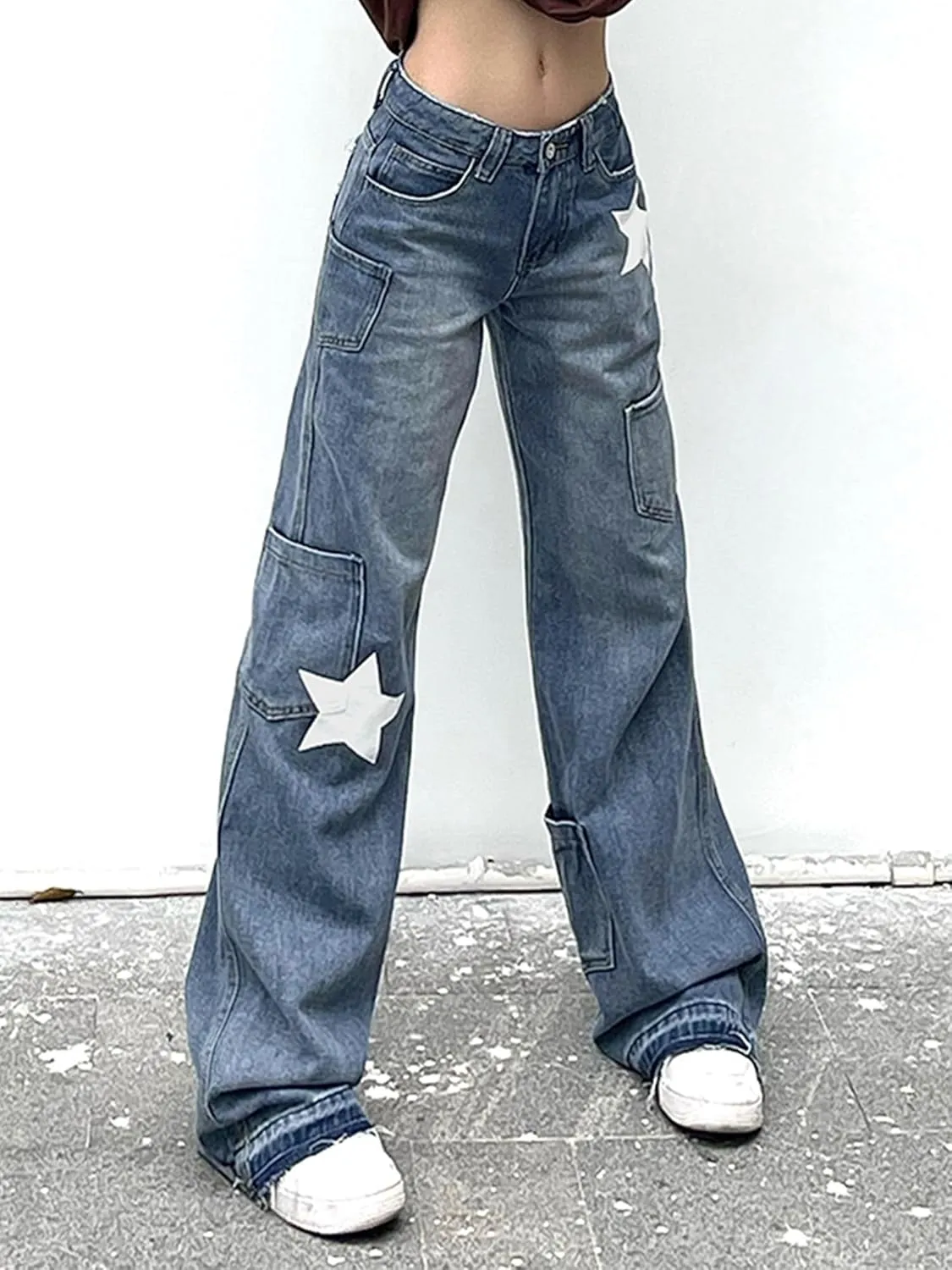 AULKEEP Casual Loose Hip Hop Pants Womens Harem High Waist Jeans Irregular Pockets Zipper Harajuku Trousers