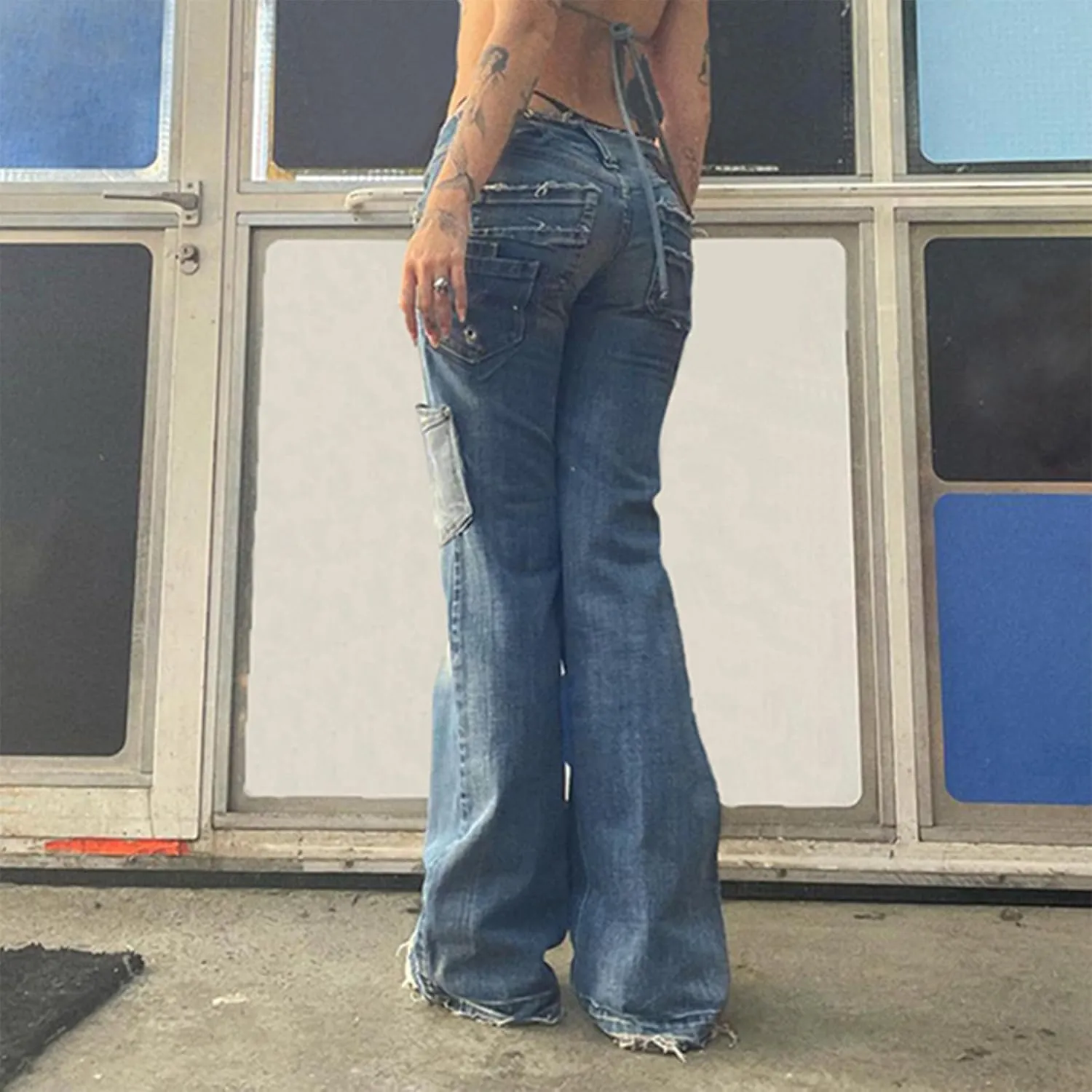 AULKEEP Casual Loose Hip Hop Pants Womens Harem High Waist Jeans Irregular Pockets Zipper Harajuku Trousers