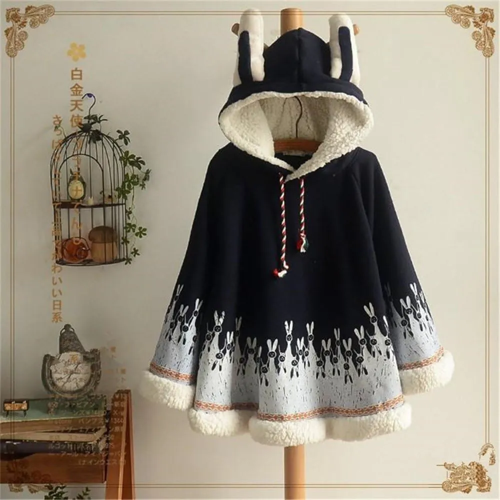 Autumn Winter Women Japanese Style Mori Girl Cute Cartoon Rabbit Ear Loose Hooded Cape Hoodies Cotton Casual Cloak Outerwear
