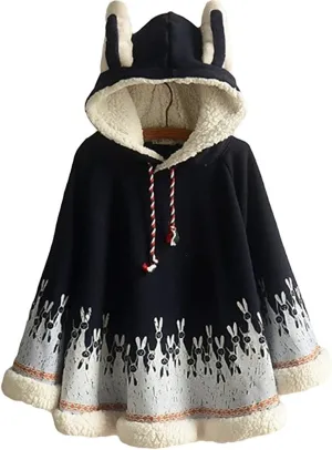 Autumn Winter Women Japanese Style Mori Girl Cute Cartoon Rabbit Ear Loose Hooded Cape Hoodies Cotton Casual Cloak Outerwear