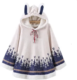 Autumn Winter Women Japanese Style Mori Girl Cute Cartoon Rabbit Ear Loose Hooded Cape Hoodies Cotton Casual Cloak Outerwear