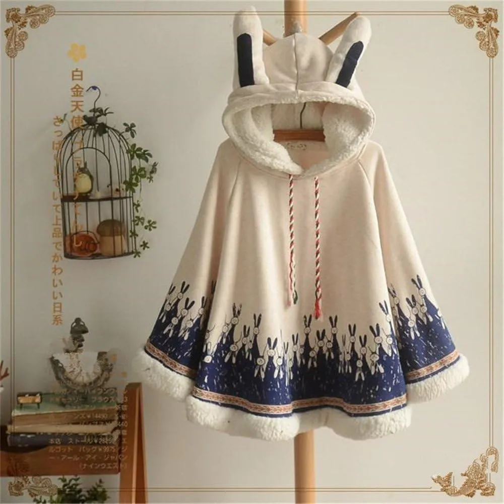 Autumn Winter Women Japanese Style Mori Girl Cute Cartoon Rabbit Ear Loose Hooded Cape Hoodies Cotton Casual Cloak Outerwear