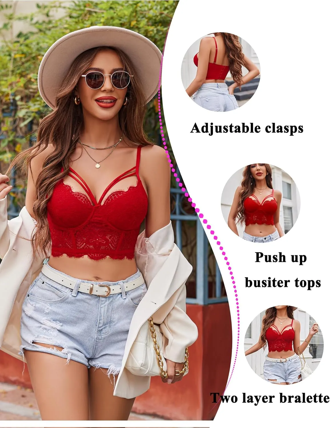 Avidlove Lace Bralette for Women V Neck Camisoles Adjustable Strap Two Layer Crop Top Bustier Tops