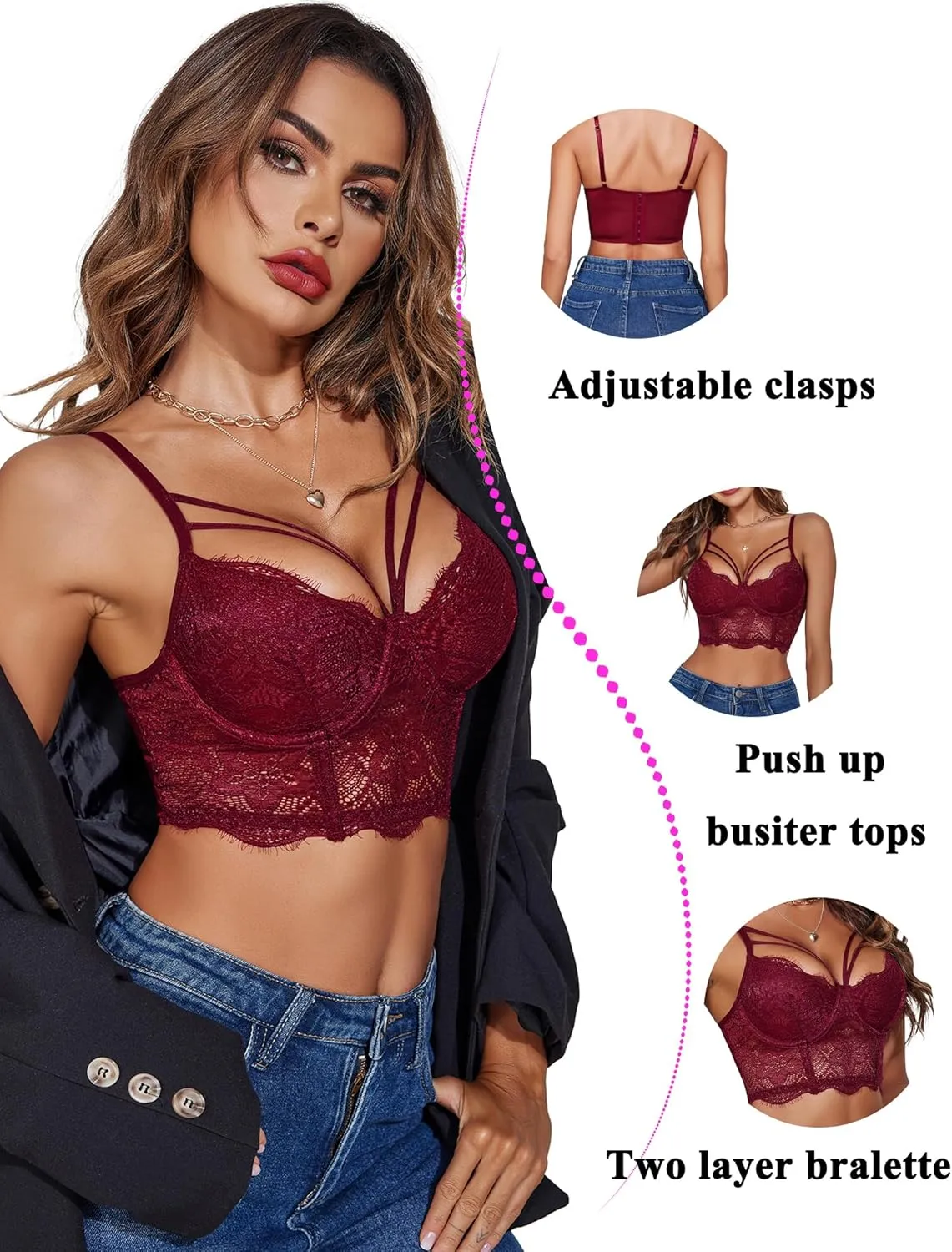 Avidlove Lace Bralette for Women V Neck Camisoles Adjustable Strap Two Layer Crop Top Bustier Tops