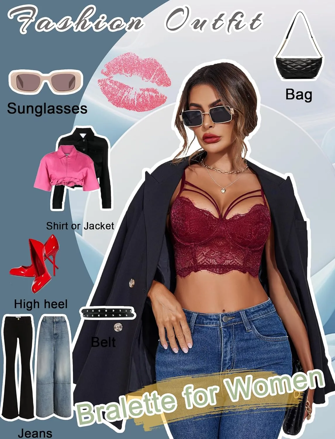 Avidlove Lace Bralette for Women V Neck Camisoles Adjustable Strap Two Layer Crop Top Bustier Tops