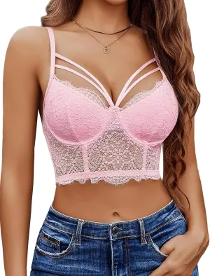 Avidlove Lace Bralette for Women V Neck Camisoles Adjustable Strap Two Layer Crop Top Bustier Tops
