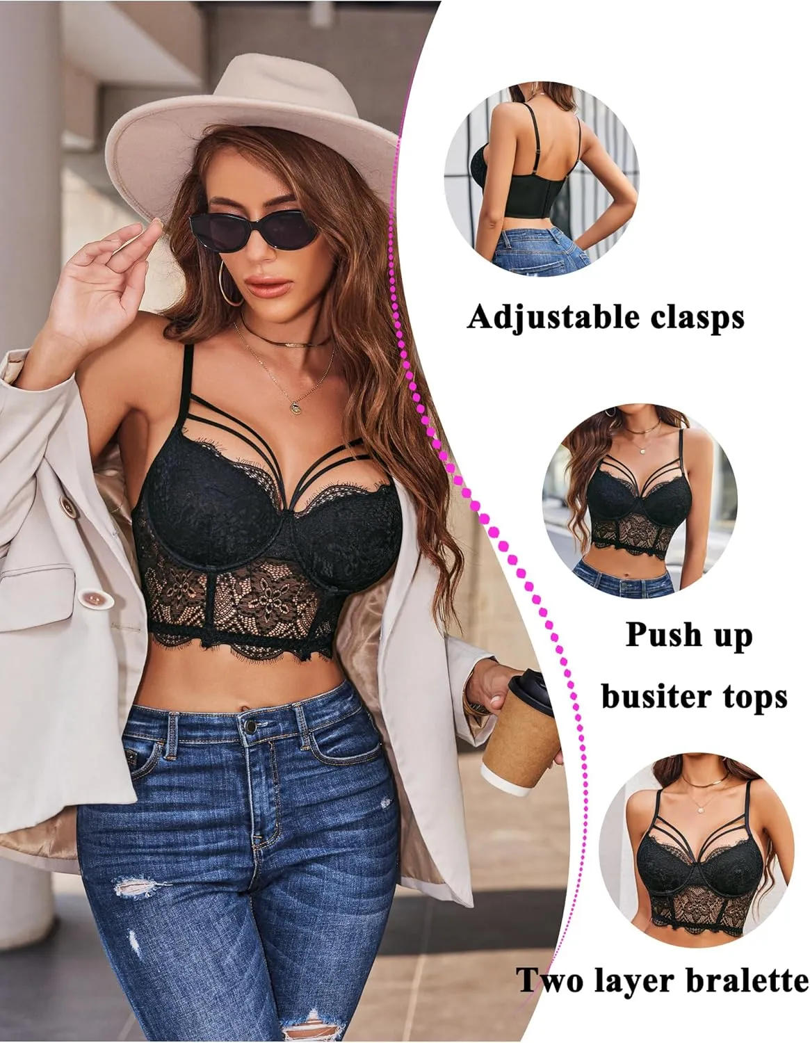 Avidlove Lace Bralette for Women V Neck Camisoles Adjustable Strap Two Layer Crop Top Bustier Tops