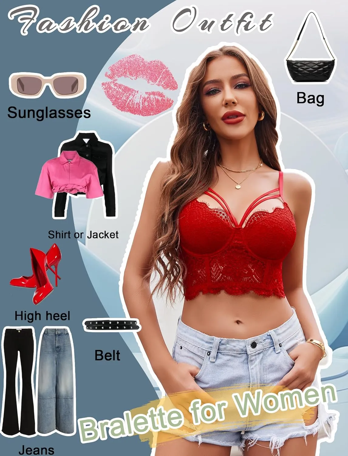 Avidlove Lace Bralette for Women V Neck Camisoles Adjustable Strap Two Layer Crop Top Bustier Tops
