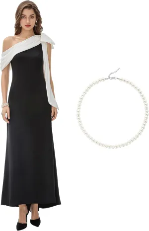 BABEYOND Formal Dress for Women - Prom Dress One Shoulder Evening Dresses Cocktail Party Dress for Wedding Round Imitation Pearl Necklace Wedding Pearl Necklace