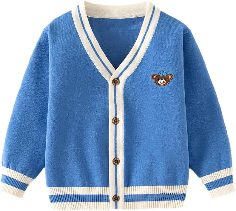 Baby Boys Girls Button Up Cardigan Sweater Dinosaur Full-Zip Long Sleeve V Neck Cartoon Embroidery Coat